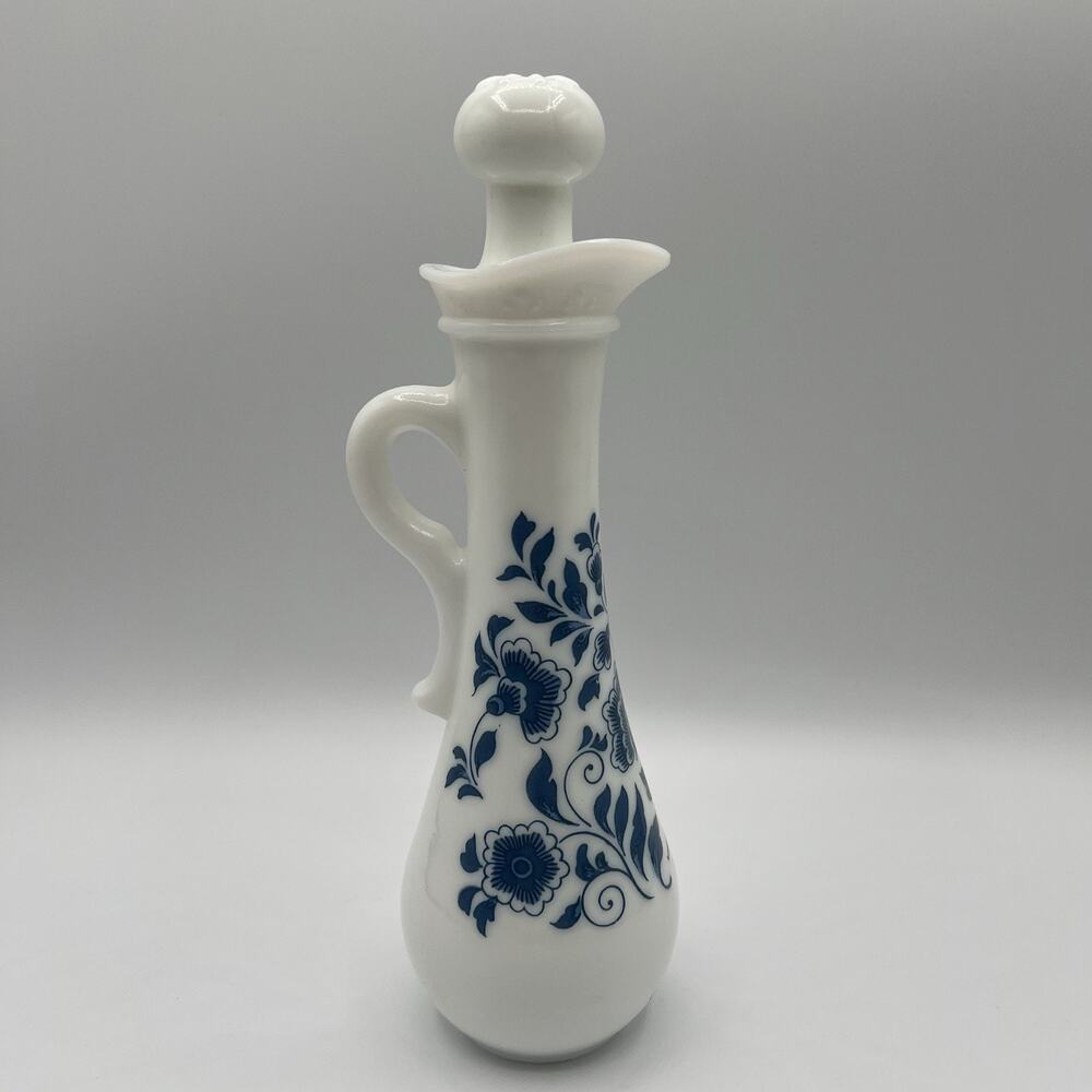 Vintage Avon Moonwind Foaming Bath Oil Bottle – Milk Glass Blue Floral – Empty